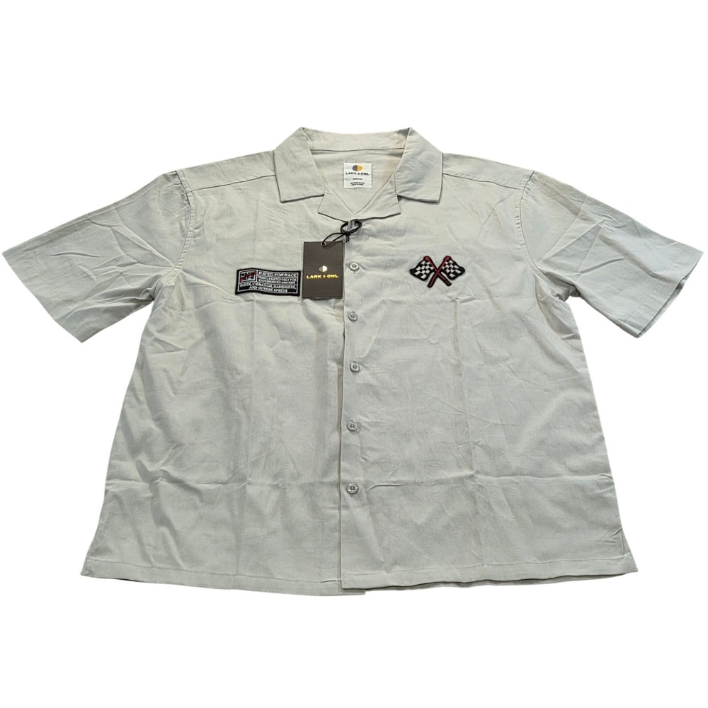 Lark &‎ Owl Motorsport Racing Shirt Mens Medium Gray Short Sleeve Button Up